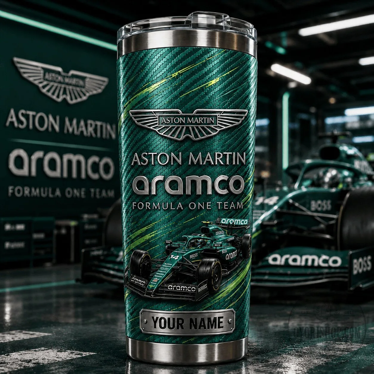 Aston Martin Aramco Formula One Team Racing Car Personalized Tumbler