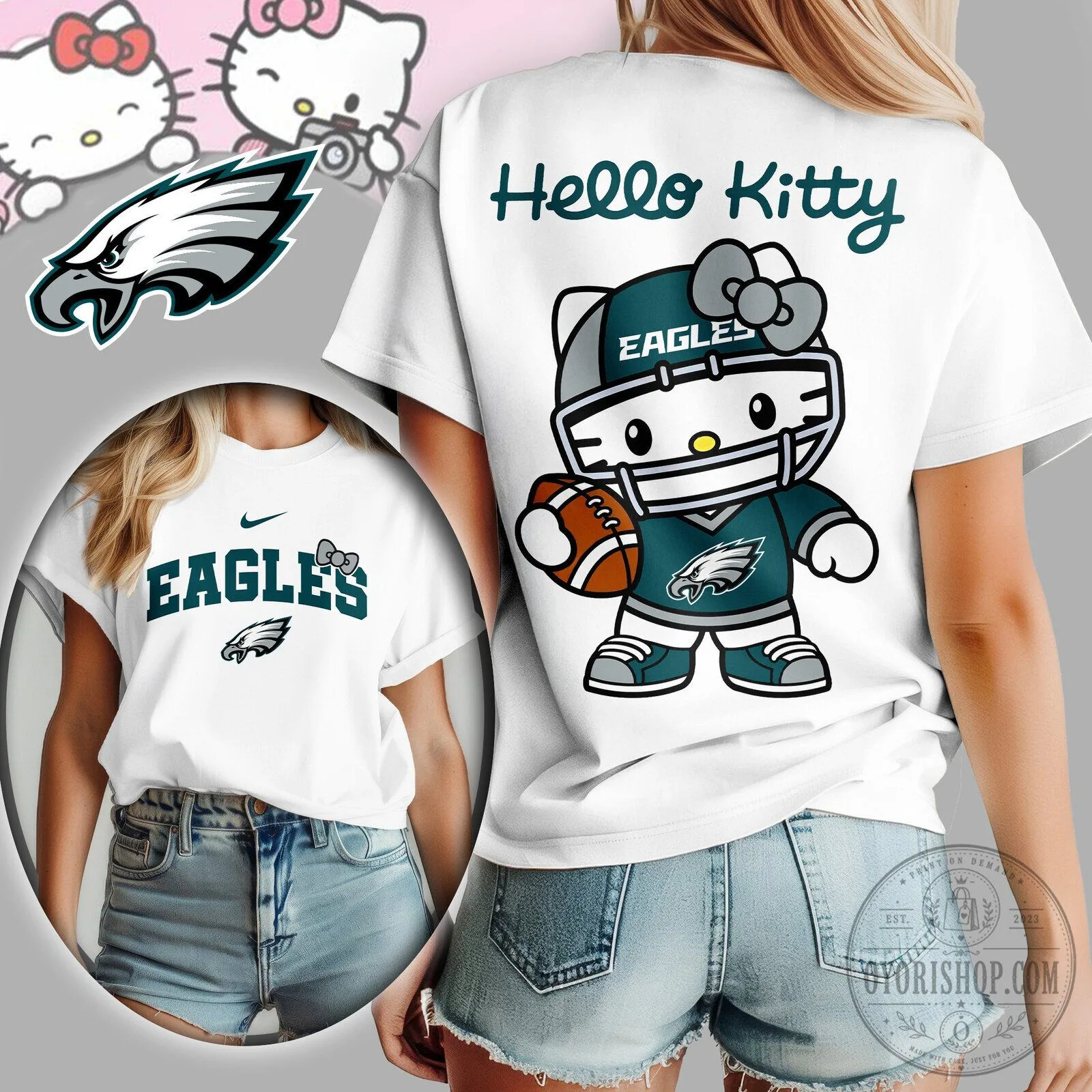 Philadelphia Eagles Hello Kitty Football Fan White Women's T-Shirt