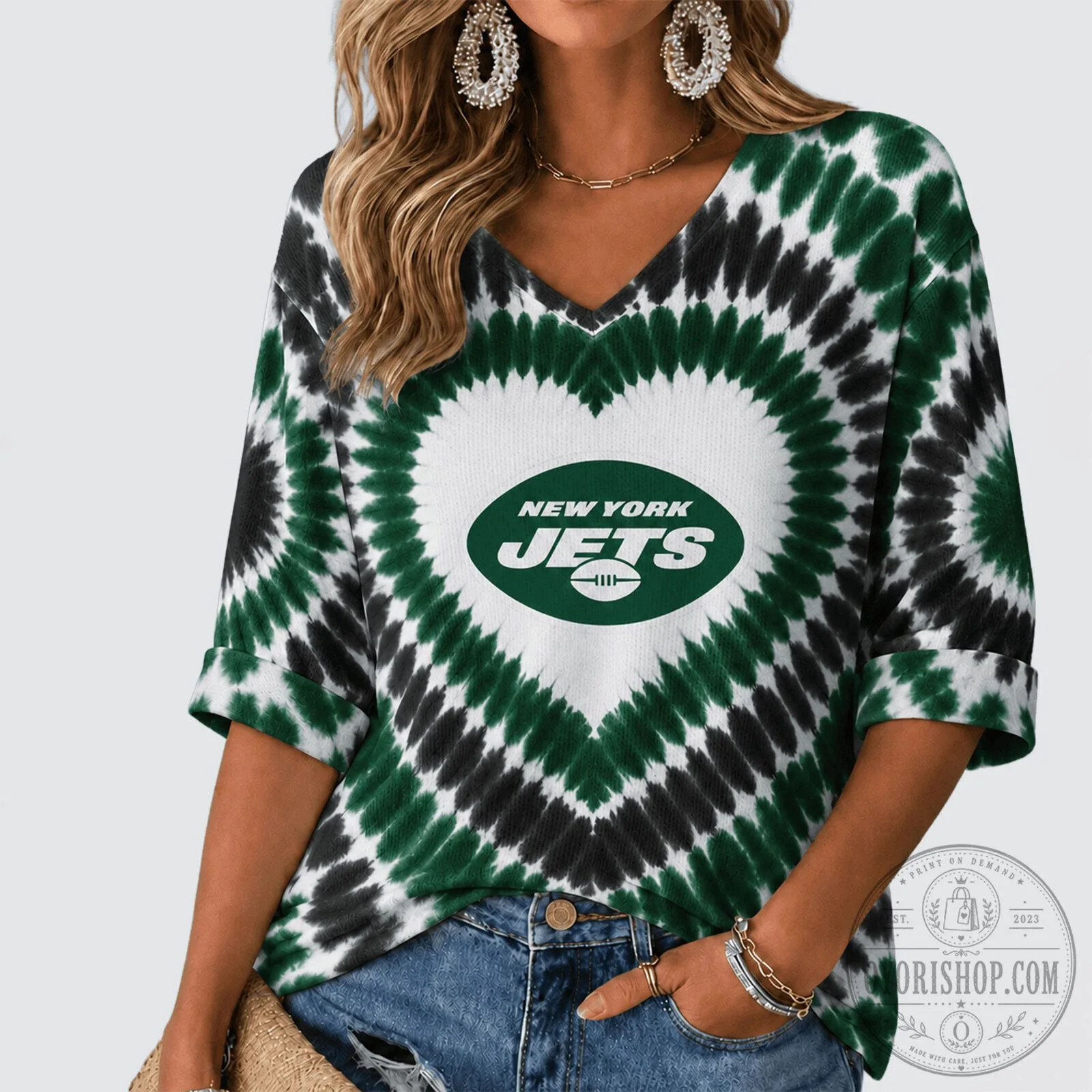 New York Jets Tie Dye Heart Logo V-Neck Long Sleeve Shirt