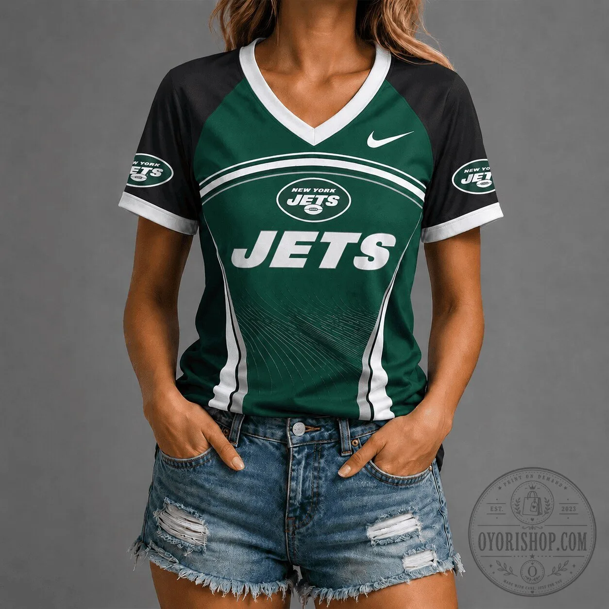 New York Jets NFL Football Team Green and Black V-Neck Short Sleeve T-Shirt 5 New York Jets NFL Football Team Green and Black V-Neck Short Sleeve T-Shirt