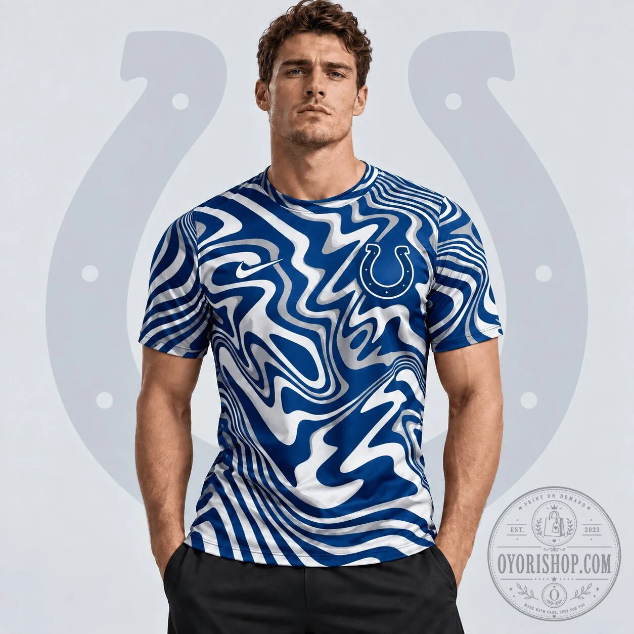 Indianapolis Colts Premium NFL Team Crest Abstract Wave All Over Print T-Shirt