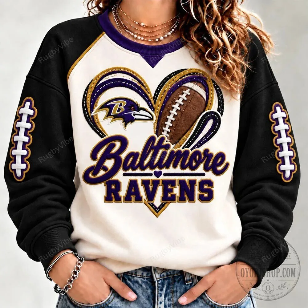 Baltimore Ravens Heart Football Team Logo Black and White Crewneck Sweatshirt