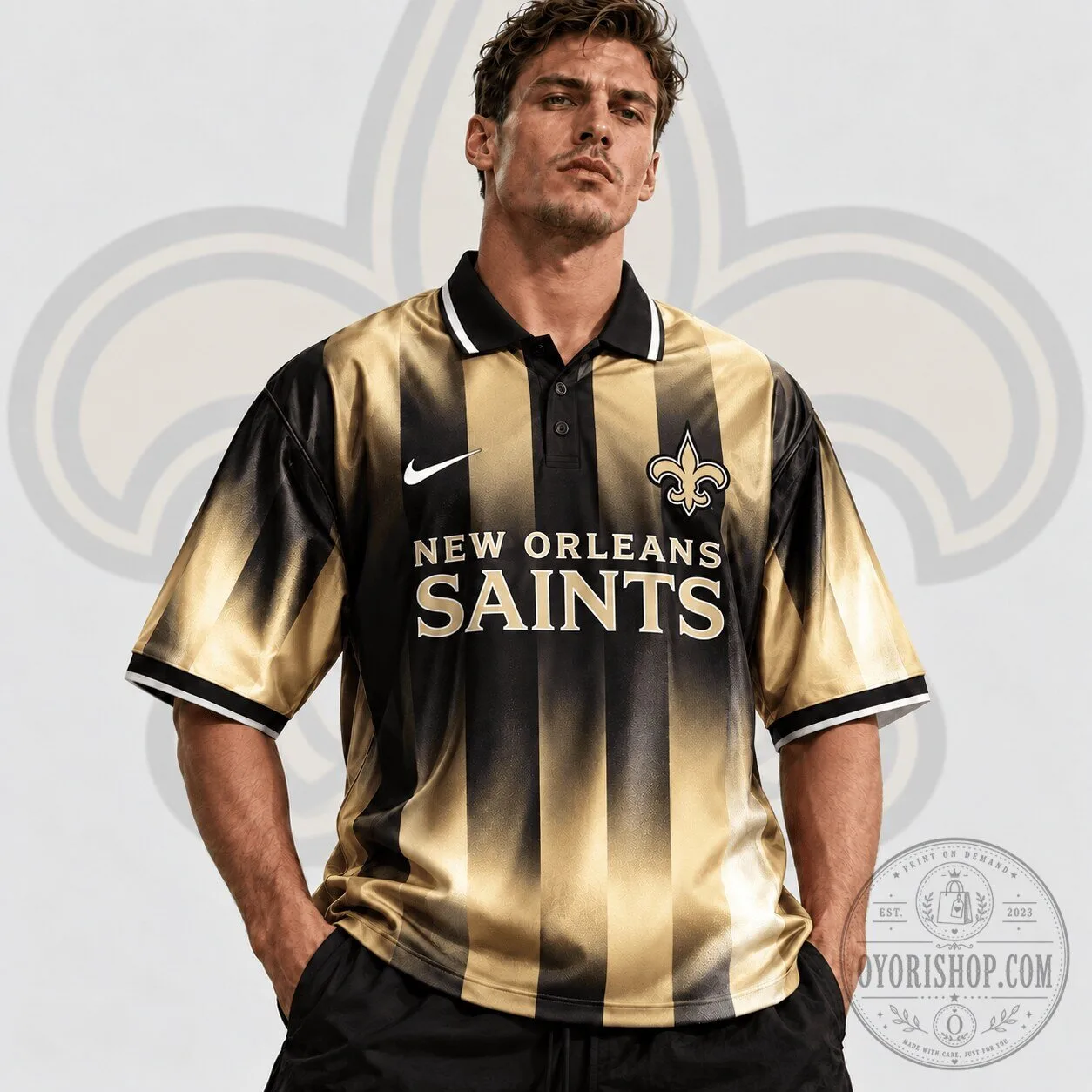 New Orleans Saints Gold Black Striped Football Team Fan Polo Shirt