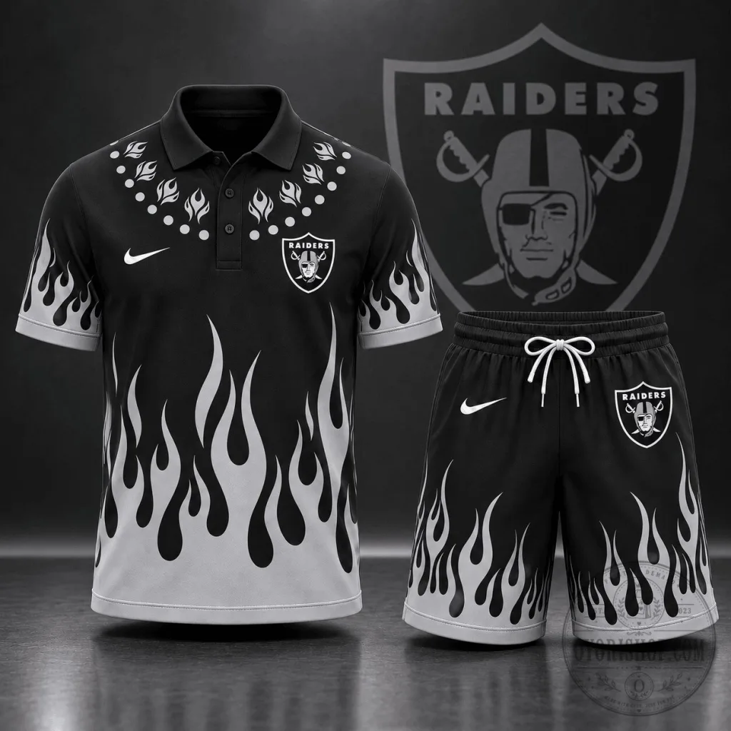Flame Graphic Polo Shirt and Shorts Set for Las Vegas Raiders Fans Flame Graphic Polo Shirt and Shorts Set for Las Vegas Raiders Fans