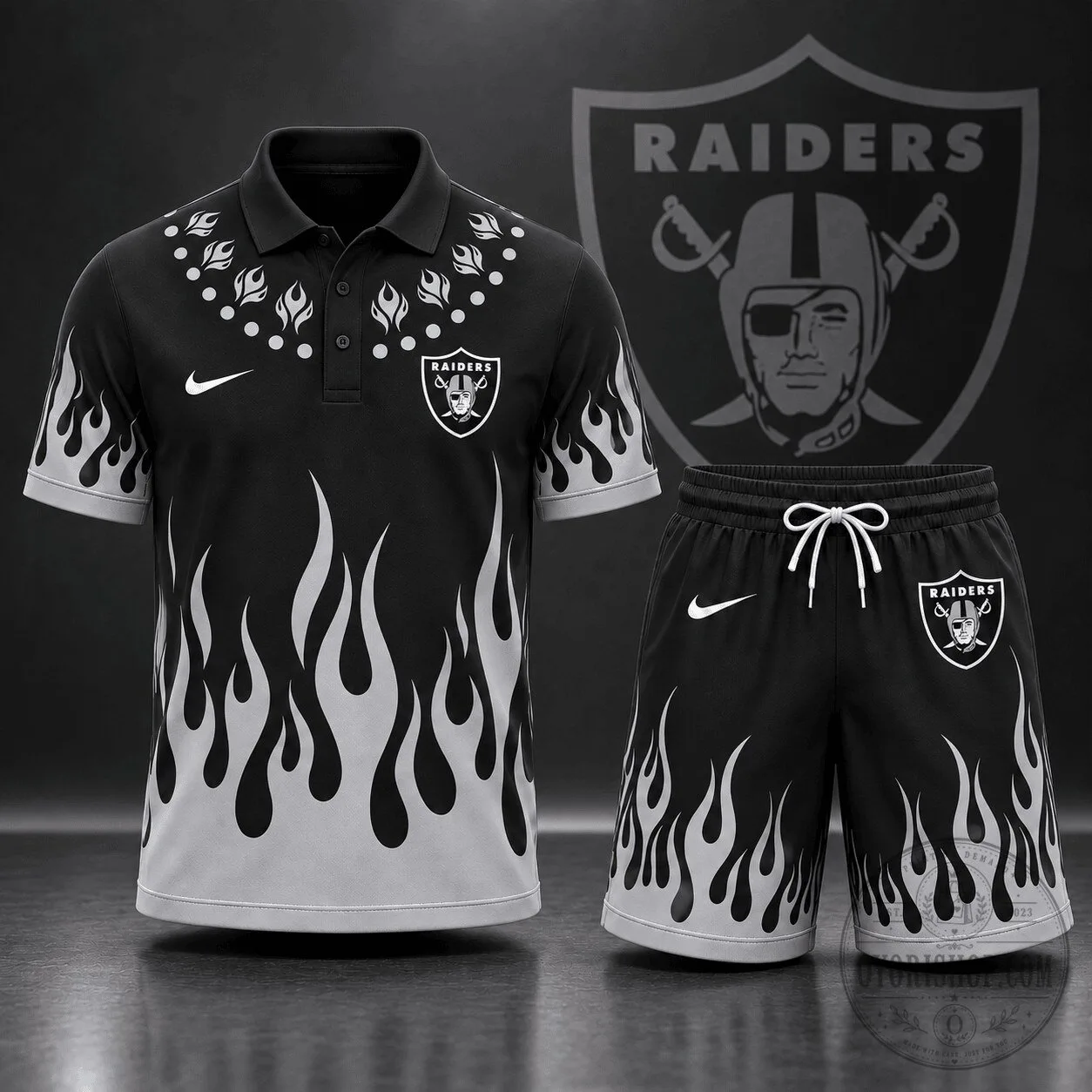 Flame Graphic Polo Shirt and Shorts Set for Las Vegas Raiders Fans