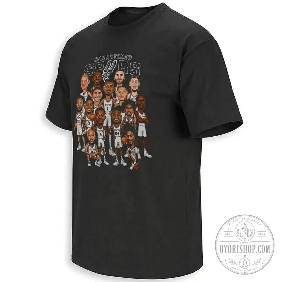 San Antonio Spurs 2026 NBA Playoffs Caricature Team Roster Black T-Shirt 1 San Antonio Spurs 2026 NBA Playoffs Caricature Team Roster Black T-Shirt