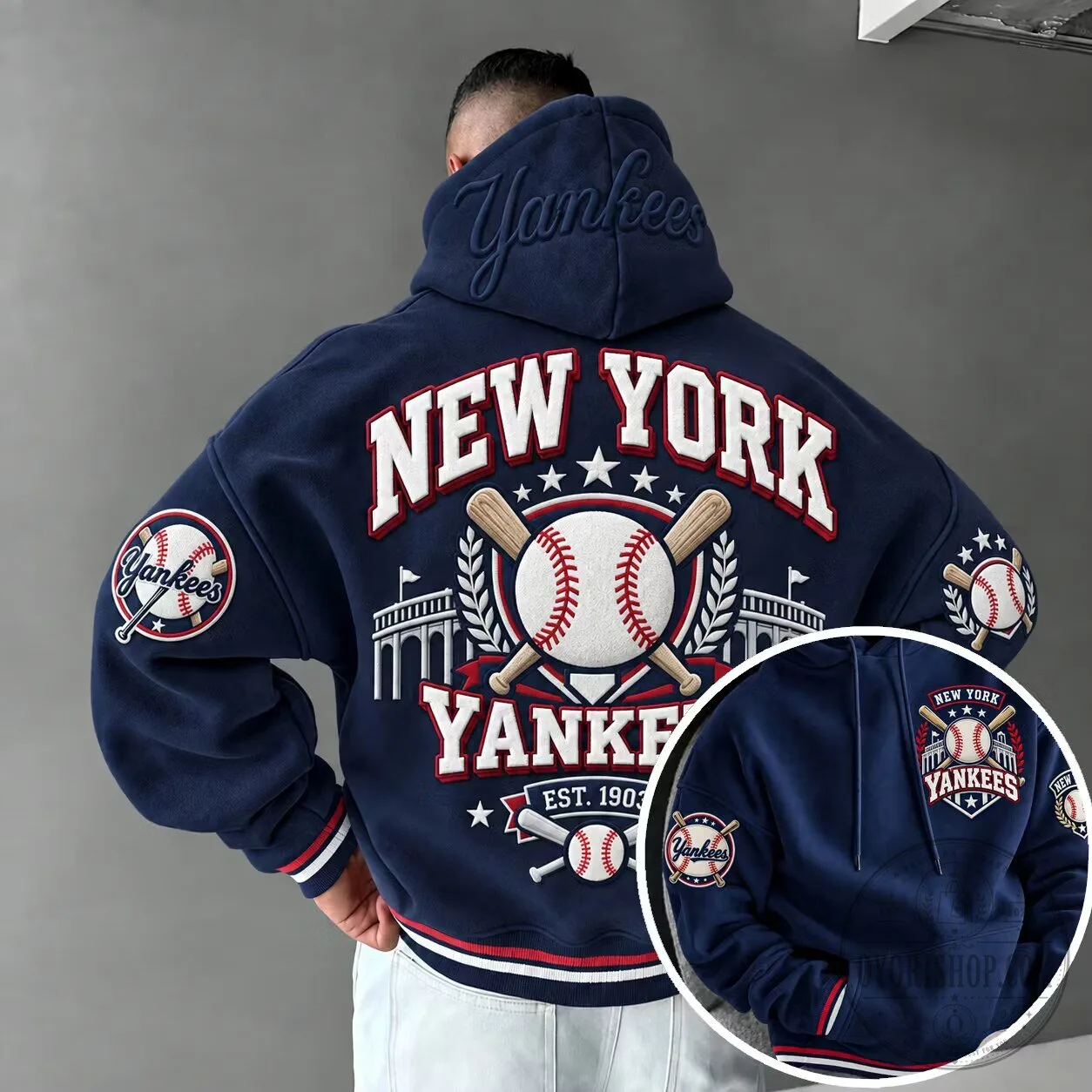New York Yankees Baseball Team Logo Embroidered Oversized Hoodie for Men