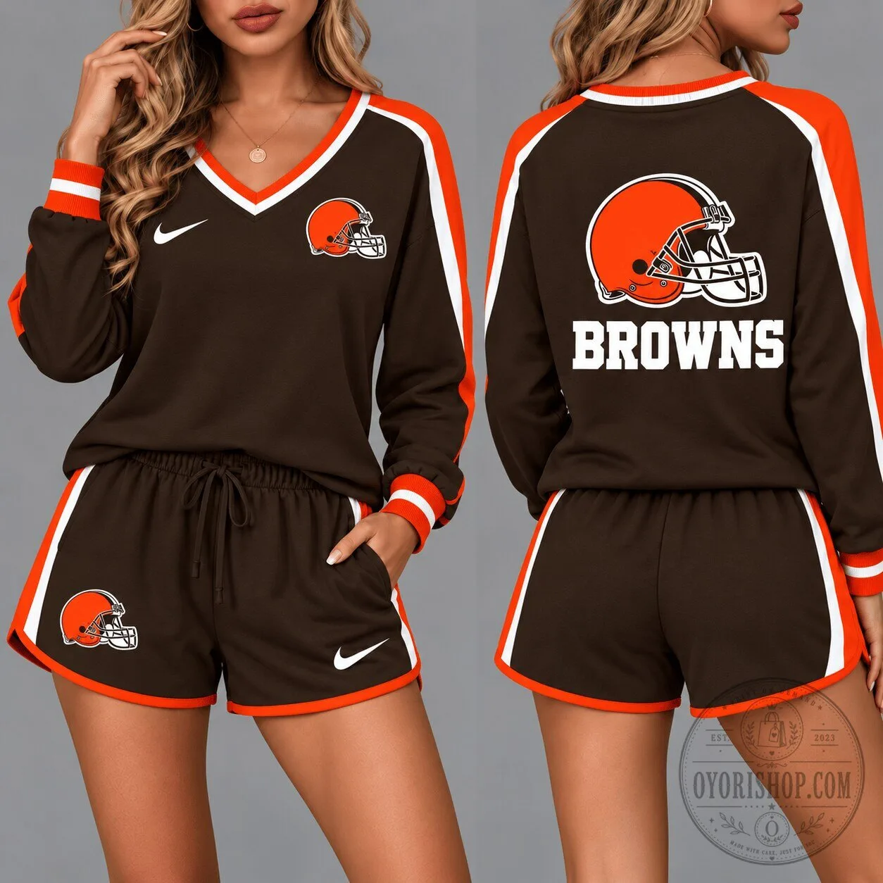 Cleveland Browns Football Team Long Sleeve Shirt and Shorts Pajamas Set