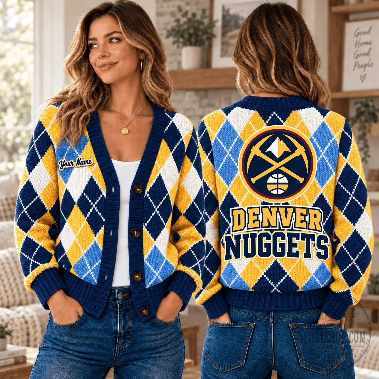 Denver Nuggets NBA Argyle Custom Name Cardigan Jacket