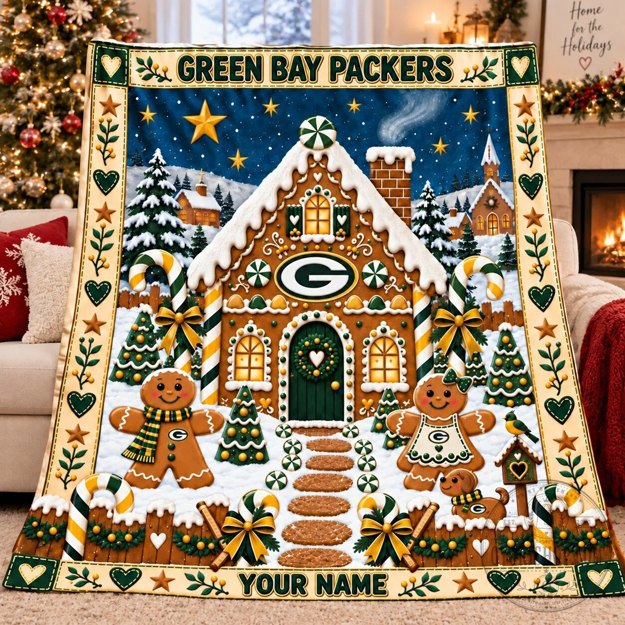 Green Bay Packers Gingerbread House Christmas Holiday Fleece Blanket