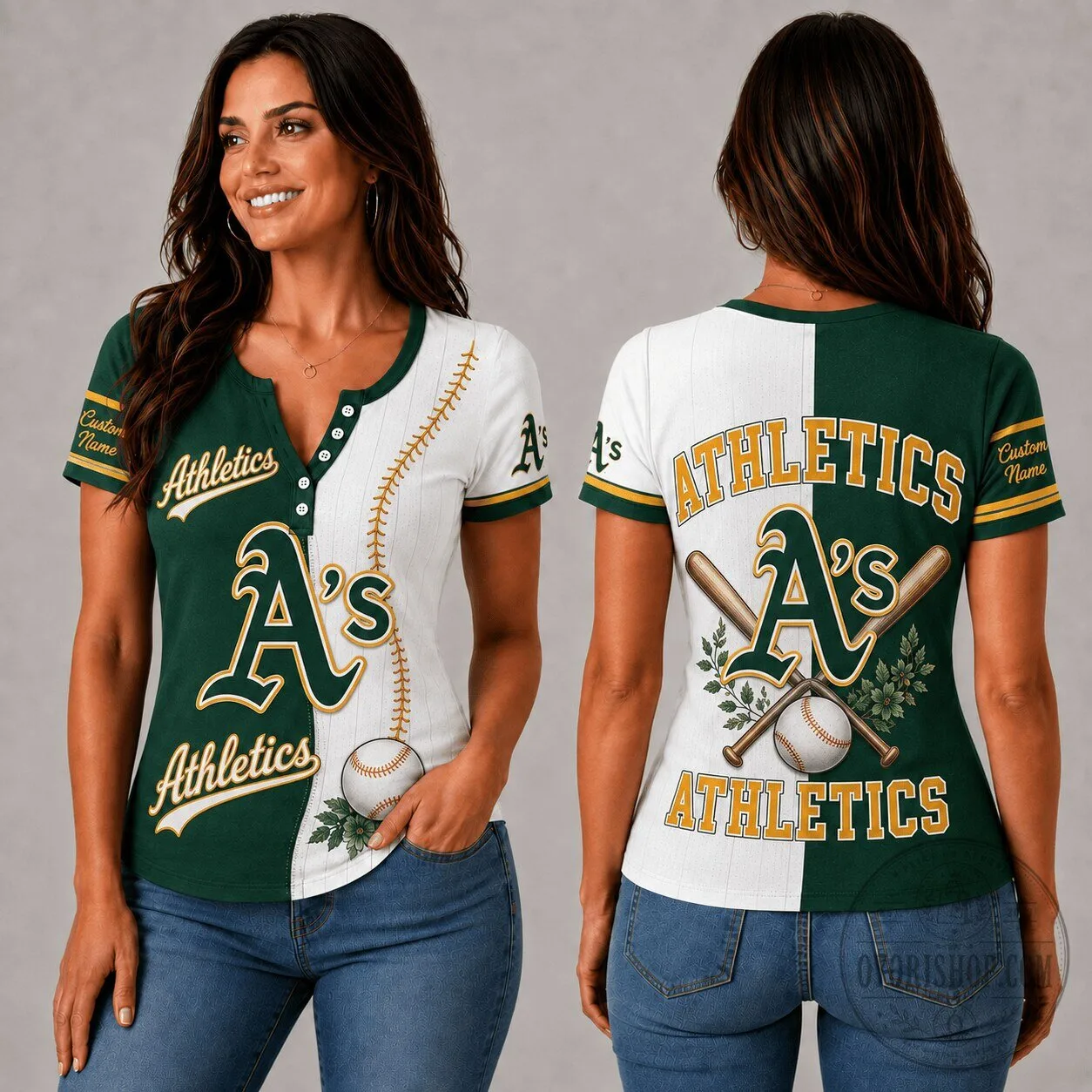 Oakland Athletics MLB Fan Shirt Women's Personalized V-Neck Button T-Shirt