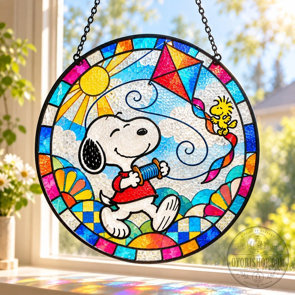 Snoopy and Woodstock Kite Day Adventure Stained Glass Suncatcher