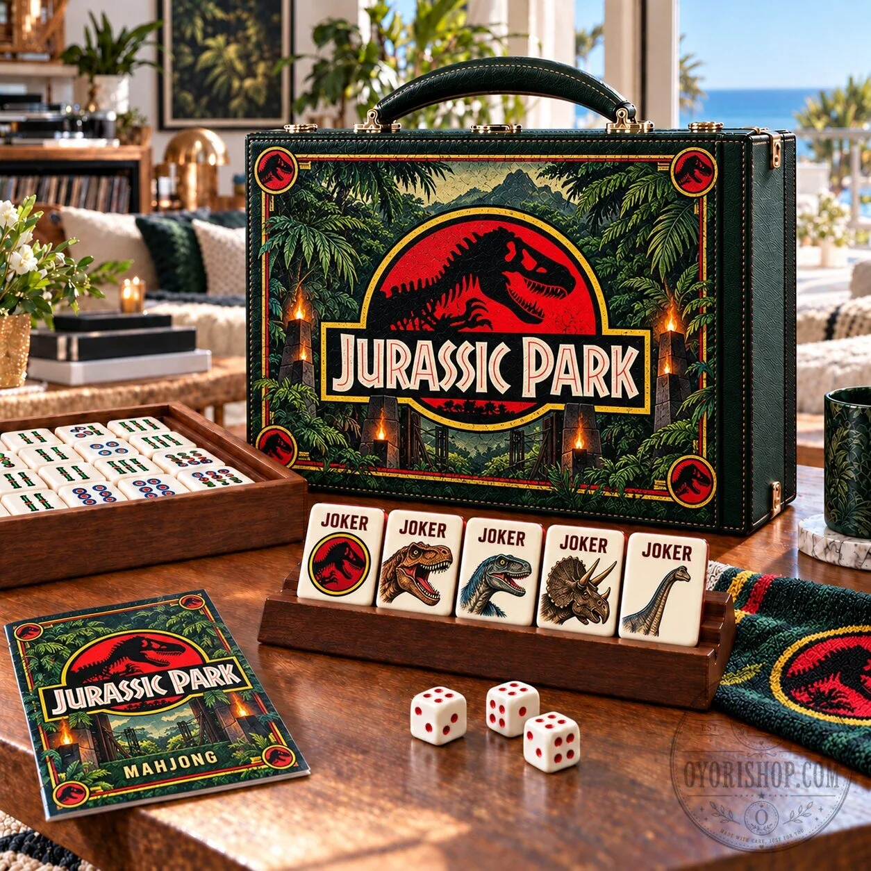 Jurassic Park Mahjong Game Set with Case, Tiles, and Dice