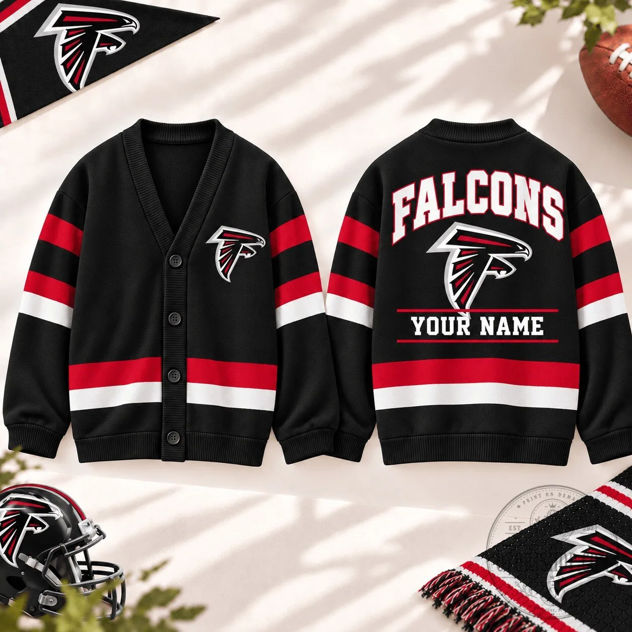 Atlanta Falcons Personalized Black Red White Striped Knitted Cardigan