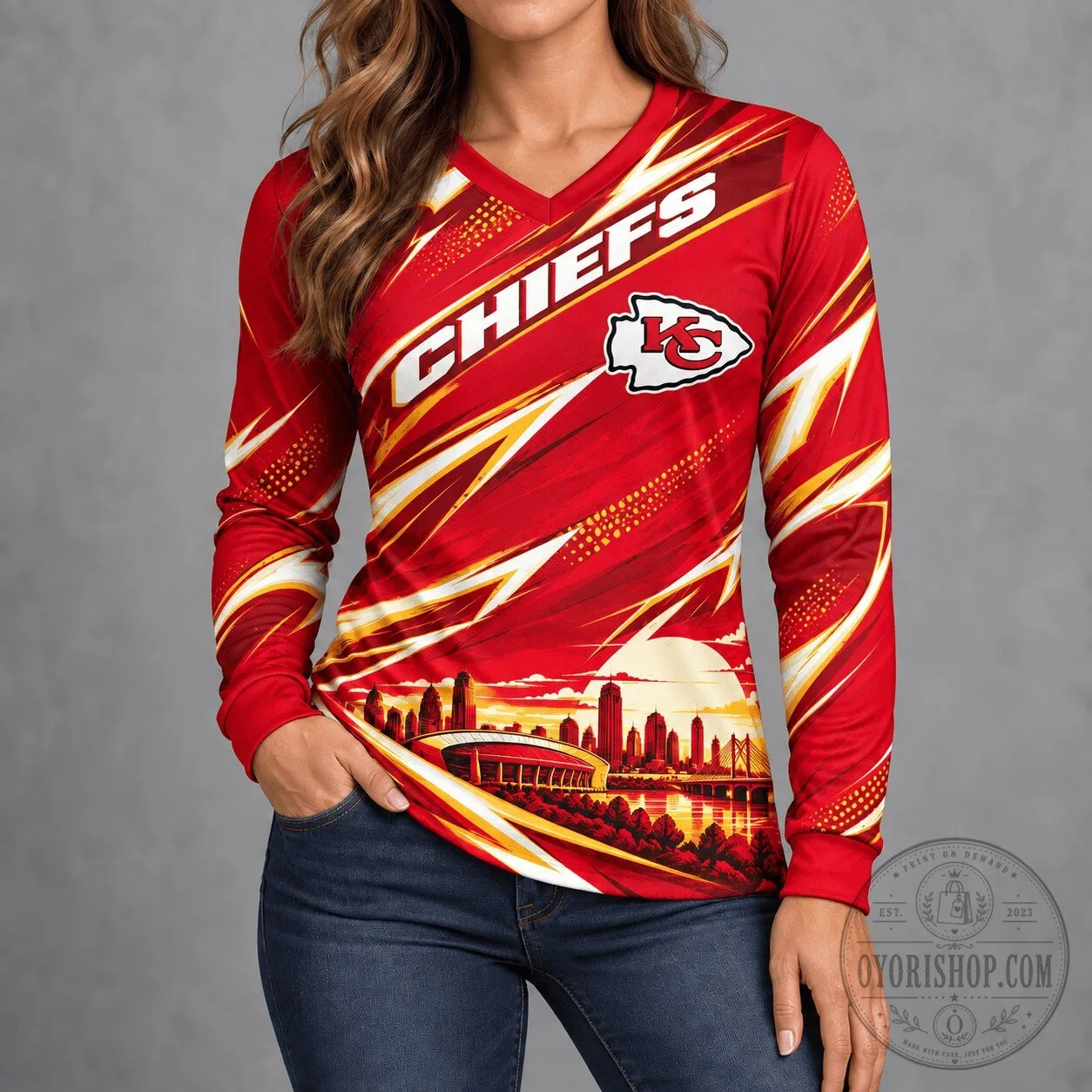 Kansas City Chiefs Football Team City Horizon Long-Sleeve V-Neck Shirt