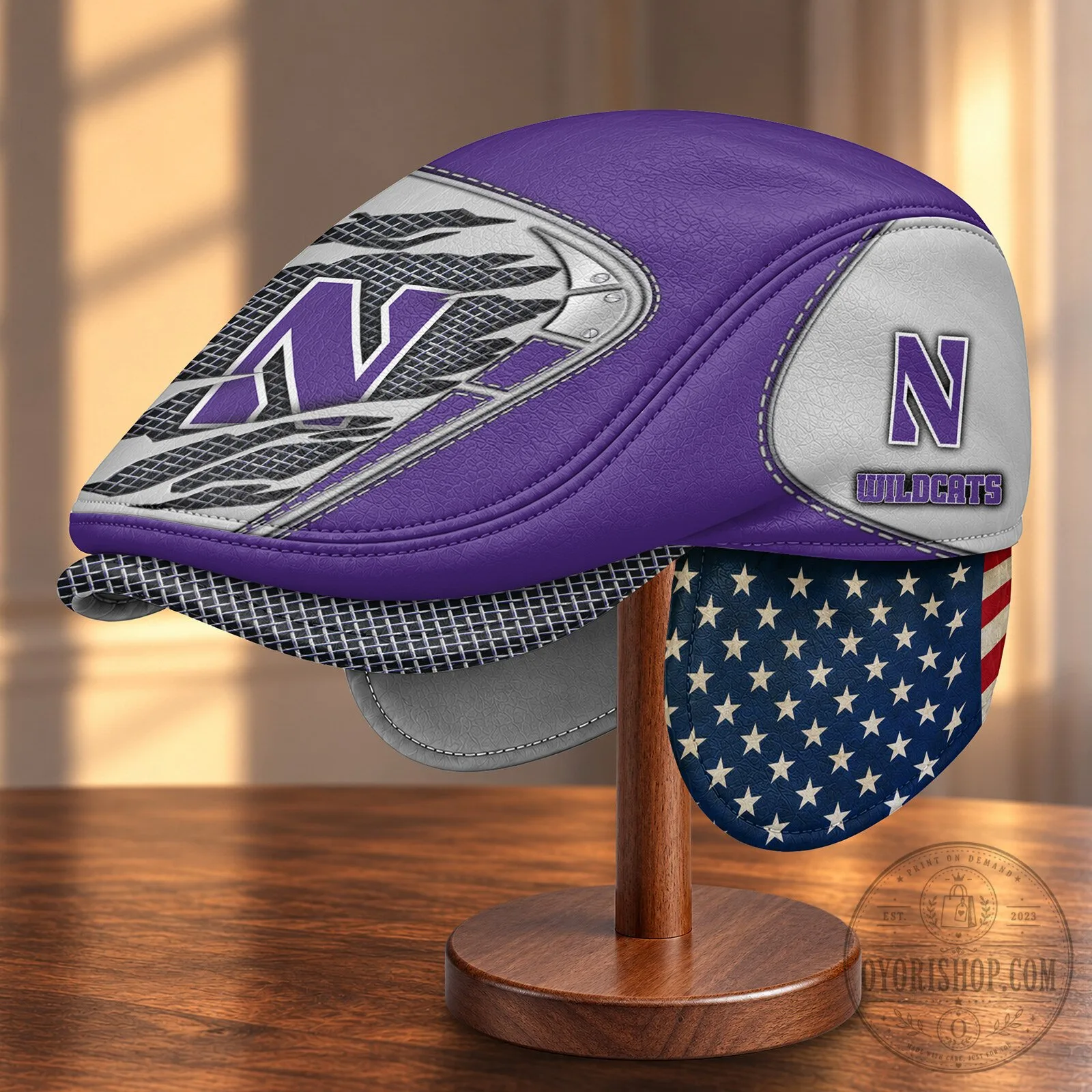 Northwestern Wildcats NCAA Flat Cap with Foldable Ear Flaps
