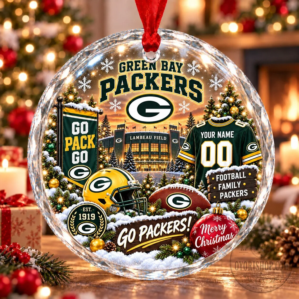 Green Bay Packers Christmas Stadium Snow Vibe Glass Ornament