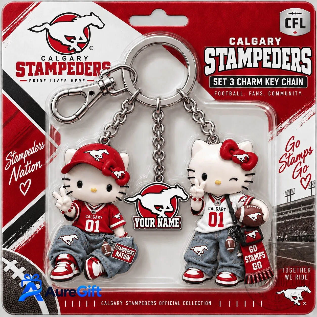 Calgary Stampeders Hello Kitty Personalized Charm Keychain Set