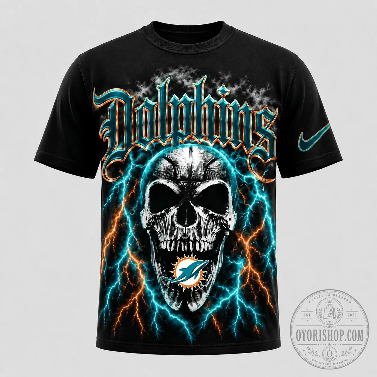Miami Dolphins Skull Lightning Graphic T-Shirt 2 Miami Dolphins Skull Lightning Graphic T-Shirt
