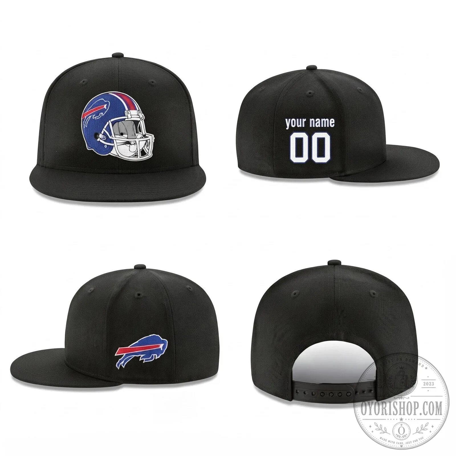 Black Snapback Hat with Personalized Buffalo Bills Football Helmet Design