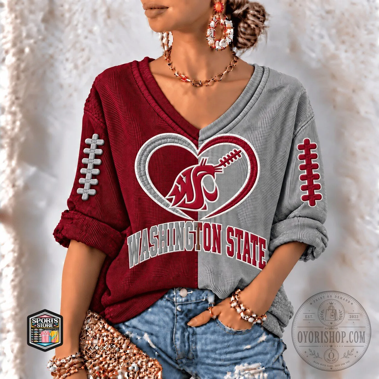 Washington State Cougars Football Heart Design Women's Long-Sleeve V-Neck Shirt