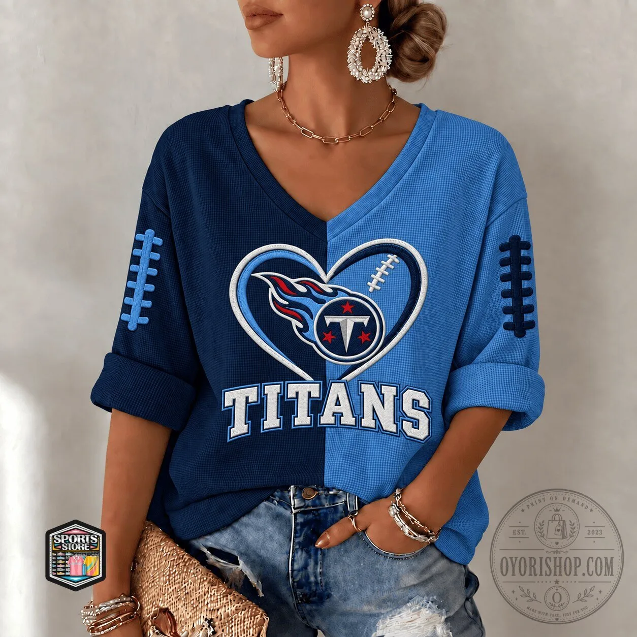 Tennessee Titans Women's Football Heart Logo V-Neck Long-Sleeve T-Shirt