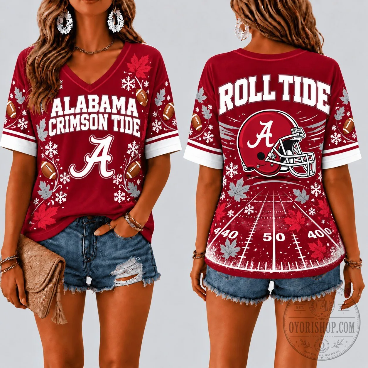 Alabama Crimson Tide Football Fall Season Maple Leaf V-Neck T-Shirt 5 Alabama Crimson Tide Football Fall Season Maple Leaf V-Neck T-Shirt