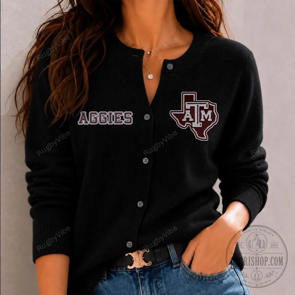 Texas A&M Aggies Maroon and White Logo Black Cardigan Sweater 1 Texas A&M Aggies Maroon and White Logo Black Cardigan Sweater