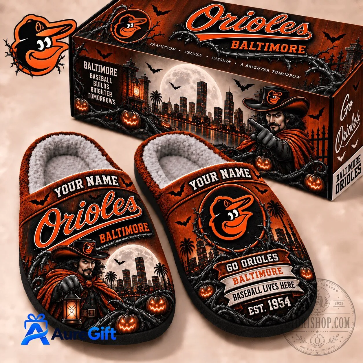 Baltimore Orioles Halloween Baseball Lives Here Personalized Slippers