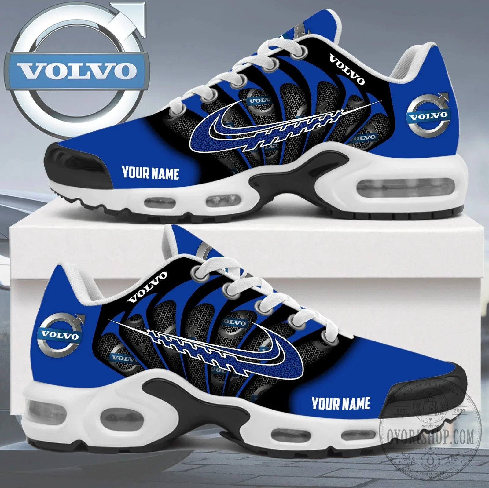 Volvo Car Company Logo Blue and Black Custom Name Running Shoes