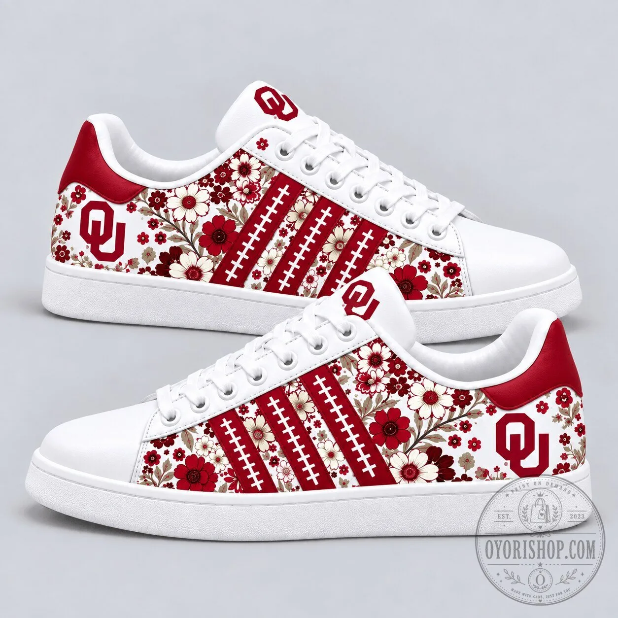 Oklahoma Sooners Floral Pattern Football Stripes White Shoes