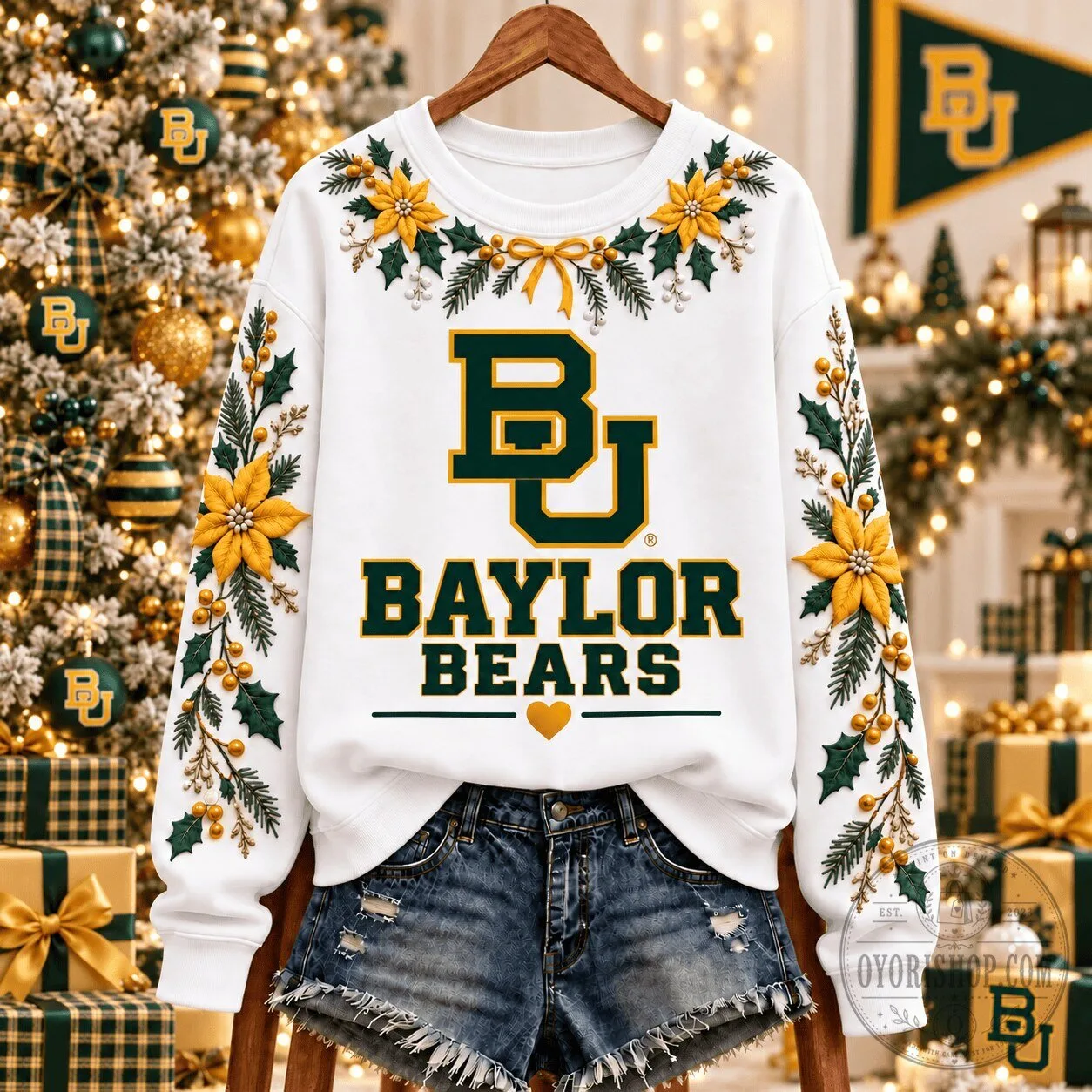 Baylor Bears Christmas Team Spirit Floral Embroidered Sweatshirt