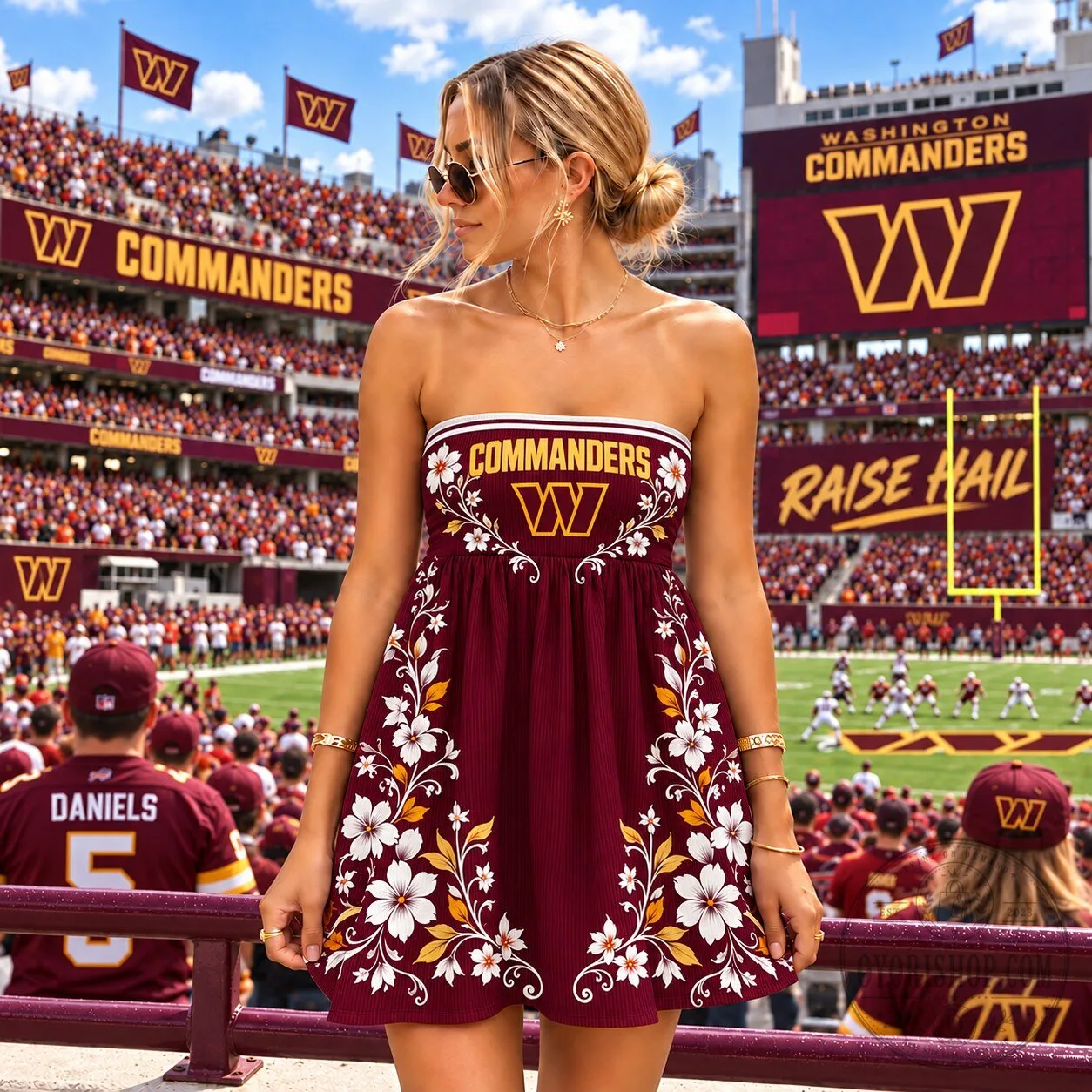 Washington Commanders Football Team Floral Pattern Strapless Mini Dress