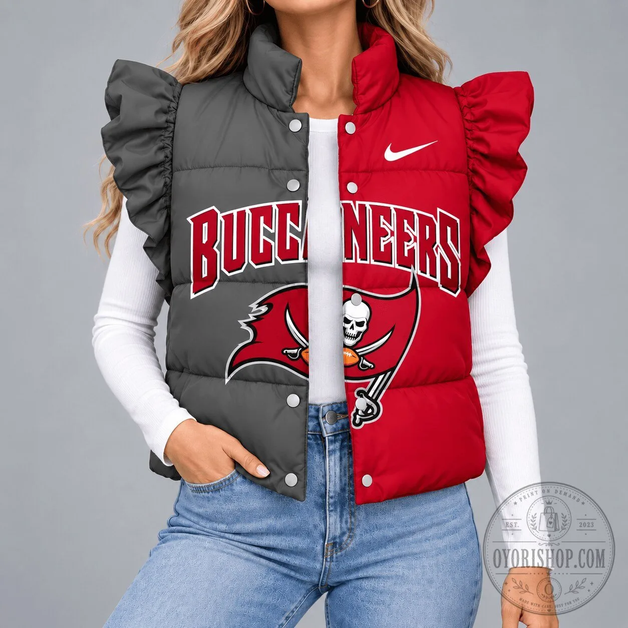 Tampa Bay Buccaneers Split Color Ruffled Sleeveless Puffer Vest for Women 5 Tampa Bay Buccaneers Split Color Ruffled Sleeveless Puffer Vest for Women