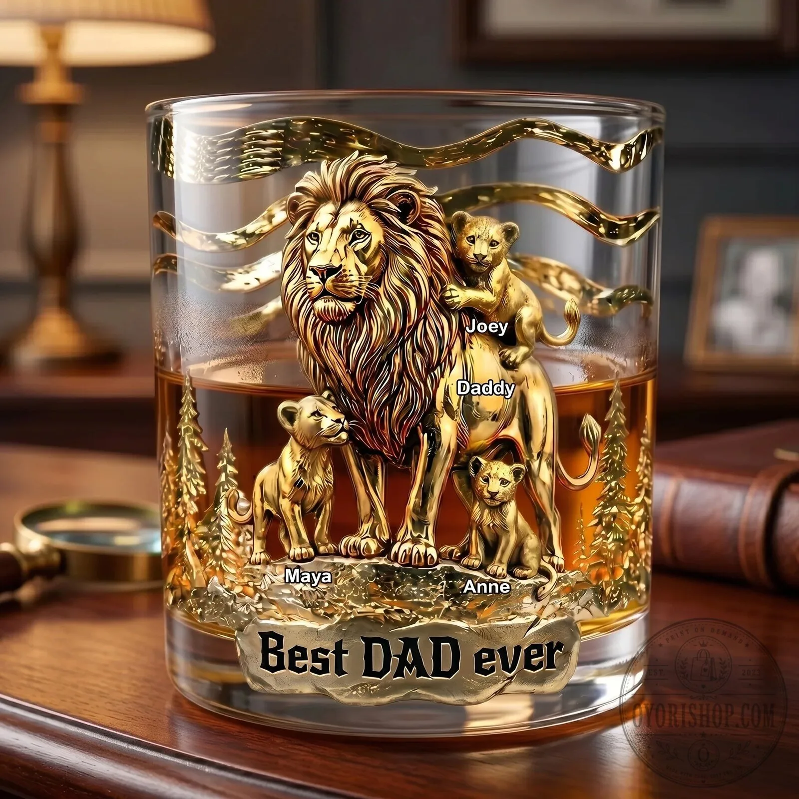 Personalized Lion Family Best Dad Ever Whiskey Glass for Father's Day
