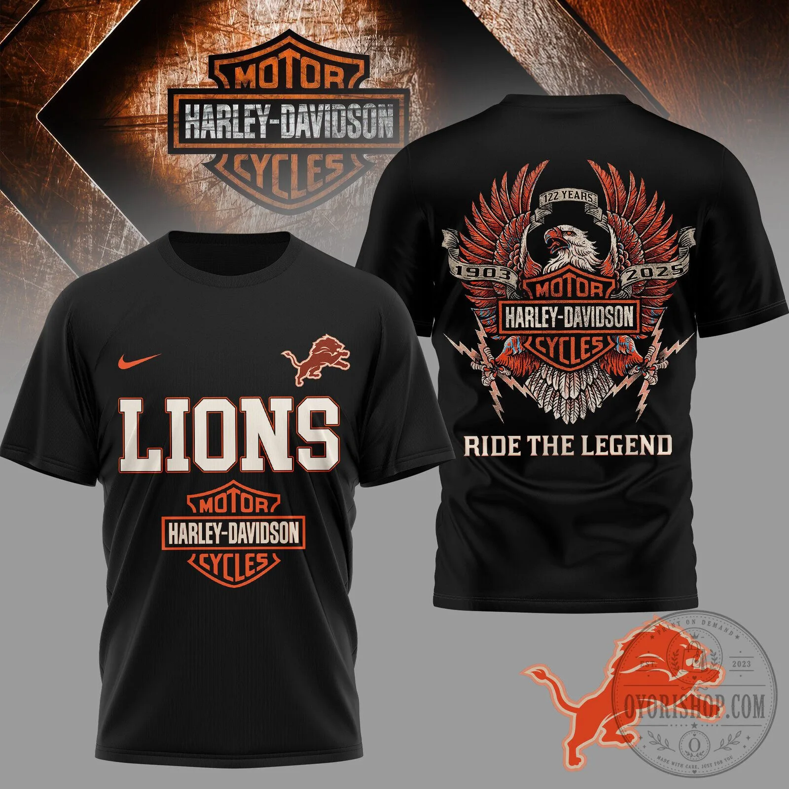 Detroit Lions Harley-Davidson Motorcycle 122 Year Anniversary T-Shirt