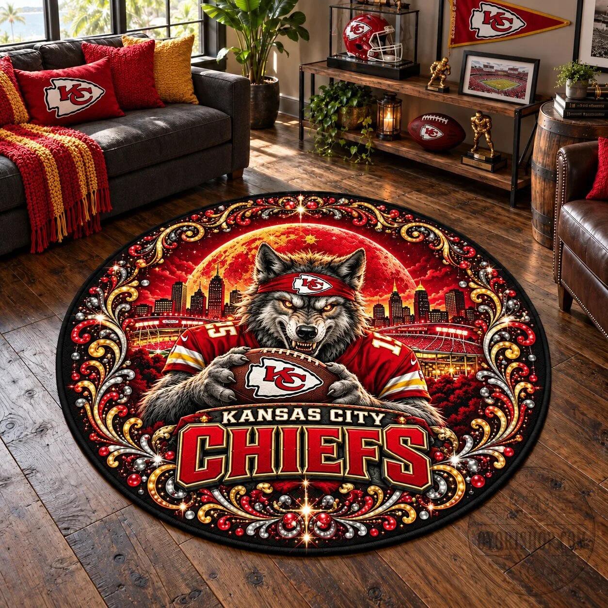 Kansas City Chiefs Werewolf Football Fan Art Round Area Rug