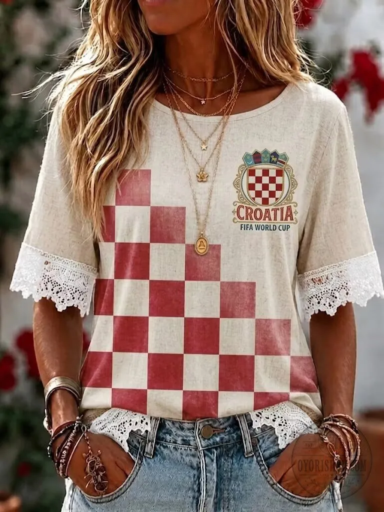 Croatia FIFA World Cup Checkered Women's T-Shirt with Lace Trim