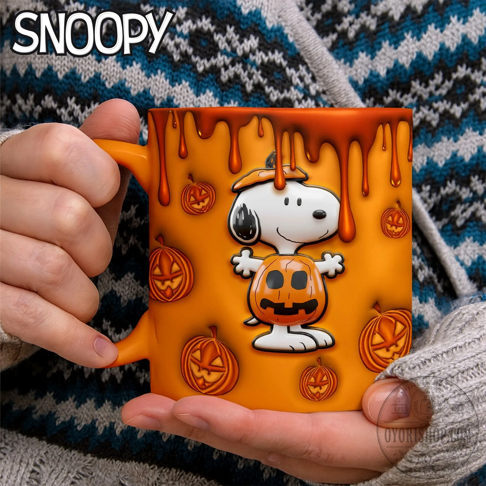 Orange Ceramic Coffee Mug with Snoopy and Halloween Pumpkin Drip Design