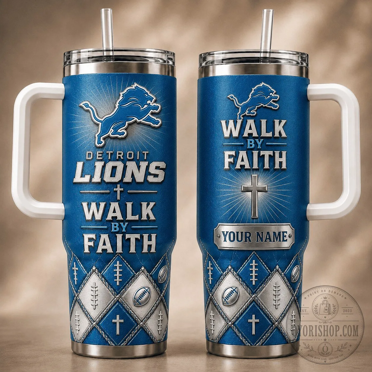 Detroit Lions Walk By Faith Christian Football Team Insulated Tumbler with Handle