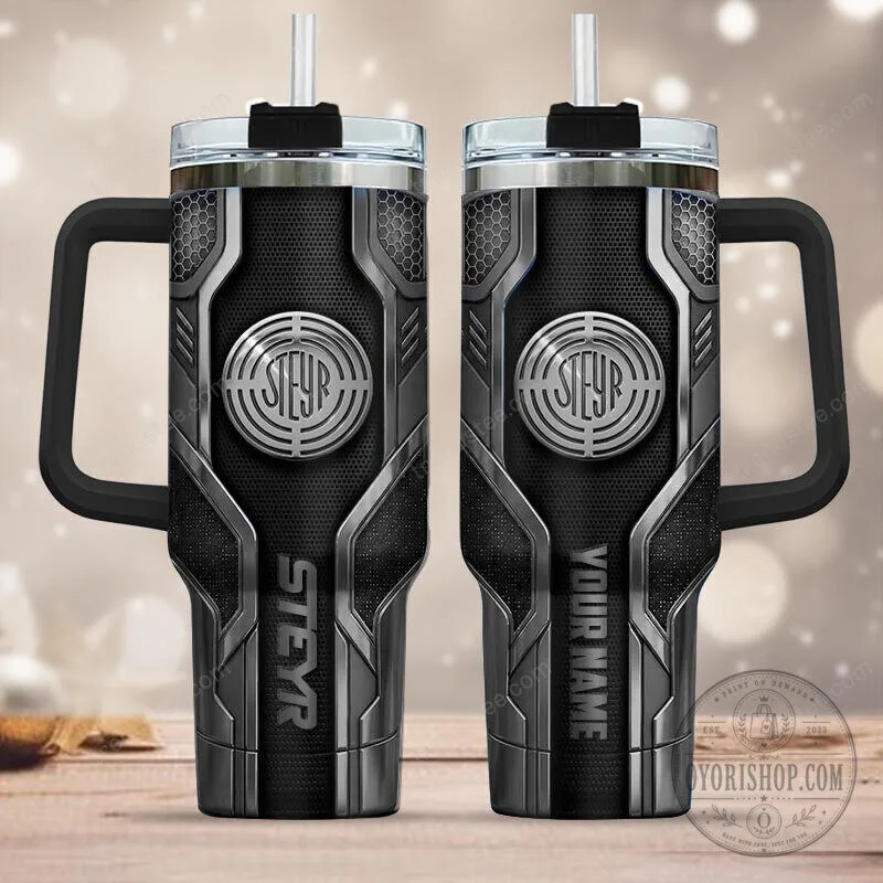 Steyr Arms Logo Black Stainless Steel Insulated Tumbler with Handle