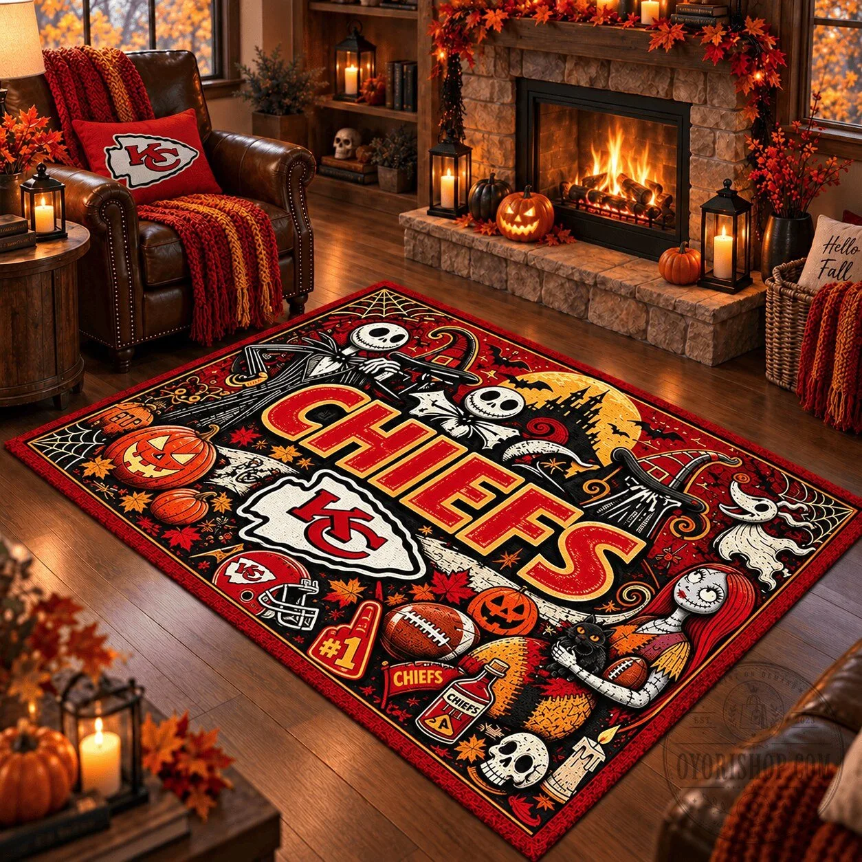 Kansas City Chiefs Halloween Nightmare Before Christmas Area Rug