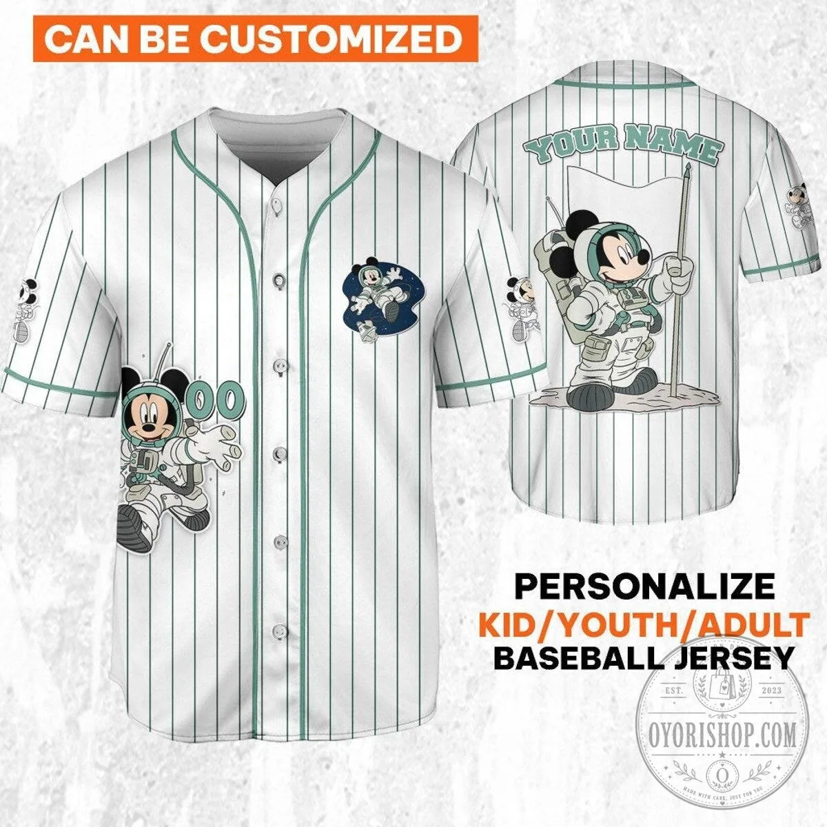 Mickey Mouse Space Travel White Blue Pinstripe Baseball Jersey