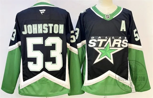 Dallas Stars Wyatt Johnston Number 53 Black and Green Alternate Hockey Jersey