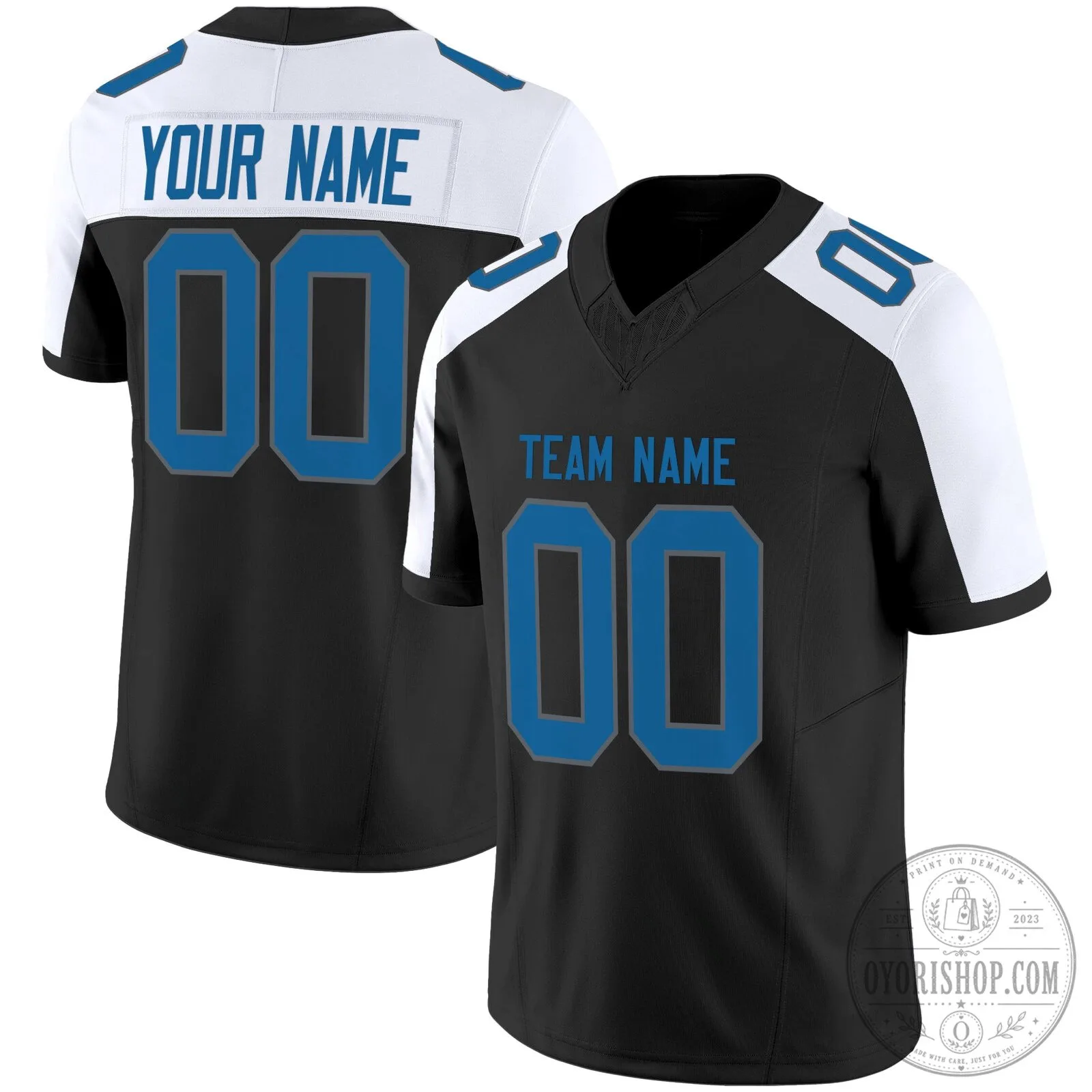Custom Black and White Football Jersey with Blue Numbers and Team Name