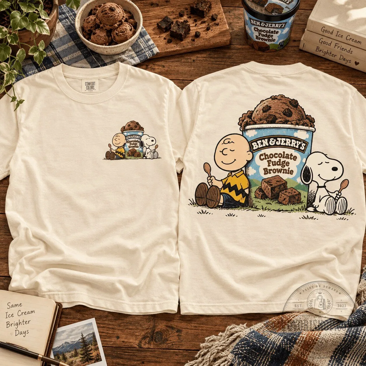 Ben and Jerry's Chocolate Fudge Brownie Snoopy Charlie Brown Peanuts t-shirt