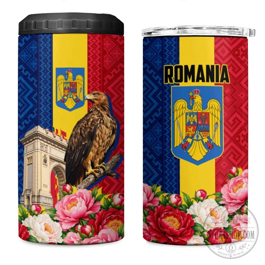 Romania Flag Eagle Arcul de Triumf Floral Peony Pattern Can Cooler Tumbler