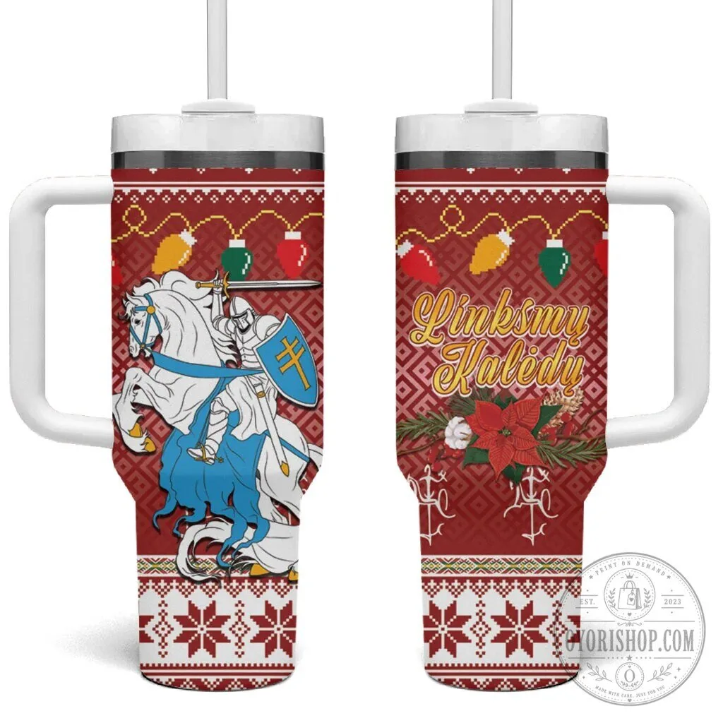 Lithuanian Vytis Christmas Holiday Linksmu Kaledu Insulated Tumbler With Handle