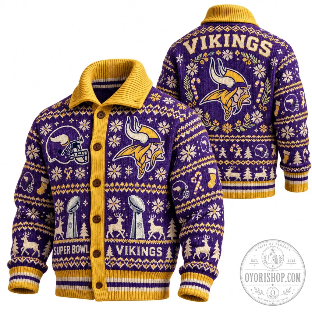 Minnesota Vikings Christmas Ugly Sweater Cardigan with Super Bowl Design Minnesota Vikings Christmas Ugly Sweater Cardigan with Super Bowl Design