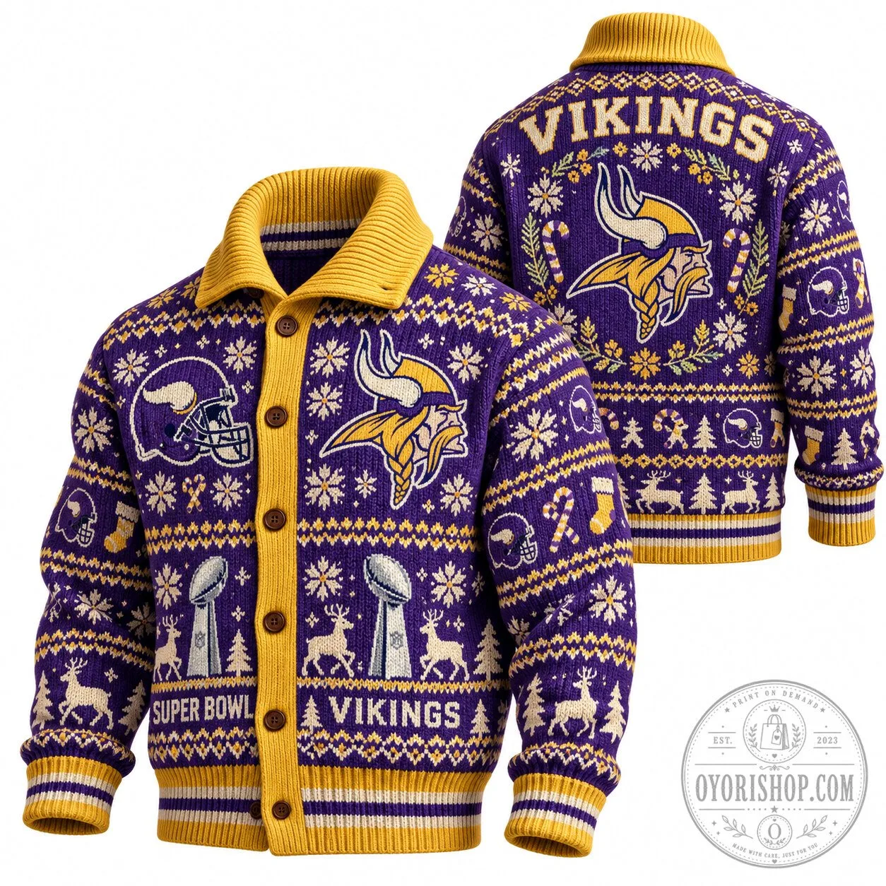 Minnesota Vikings Christmas Ugly Sweater Cardigan with Super Bowl Design 5 Minnesota Vikings Christmas Ugly Sweater Cardigan with Super Bowl Design